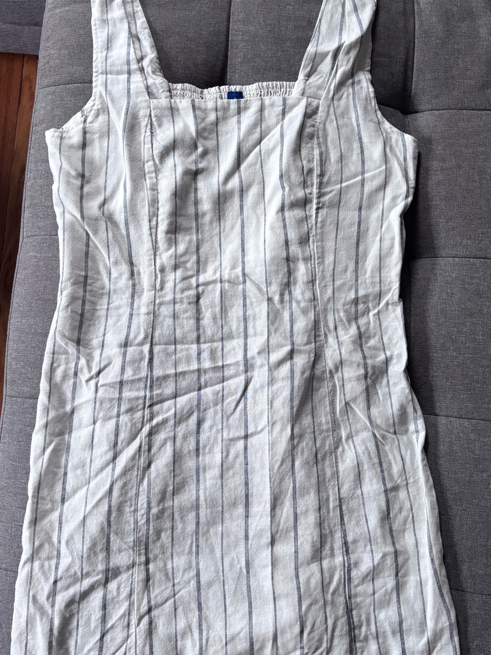 Two Old Navy Linen Sundresses: Oatmeal & White with Blue Pinstripes